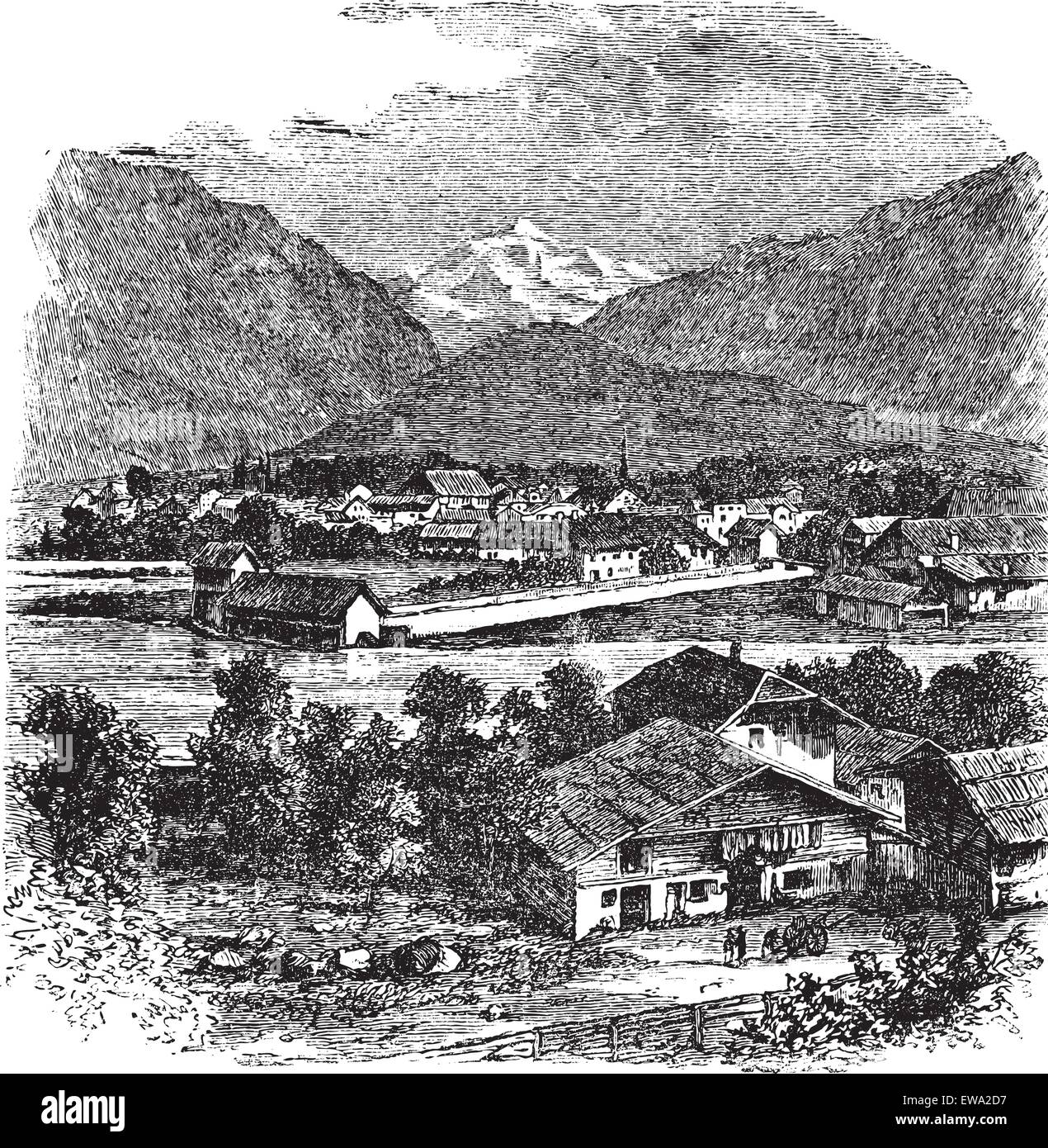 Interlaken und Jungfrau, Schweiz, in den 1890er Jahren, Vintage Gravur. Alten gravierte Darstellung von Interlaken und Jungfrau. Stock Vektor