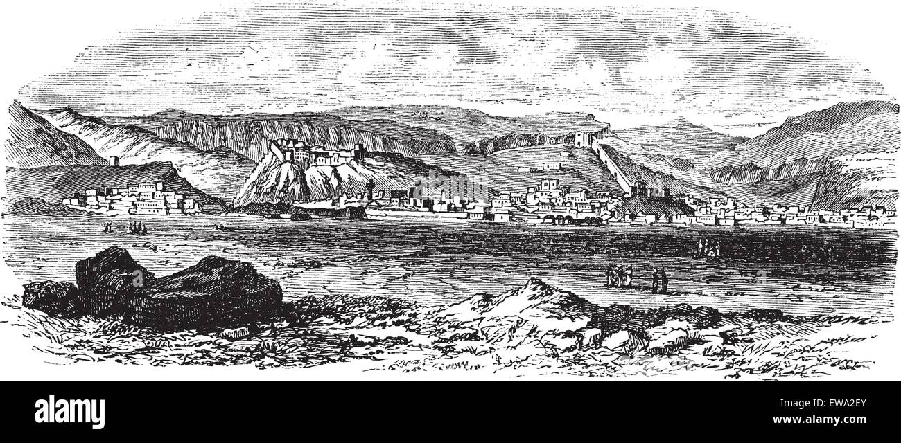 Landschaft und Berge in Kars, Türkei vintage Gravur. Alte eingravierte Darstellung der Landschaft und Berge in Kars, Türkei während des 18. Jahrhunderts. Stock Vektor