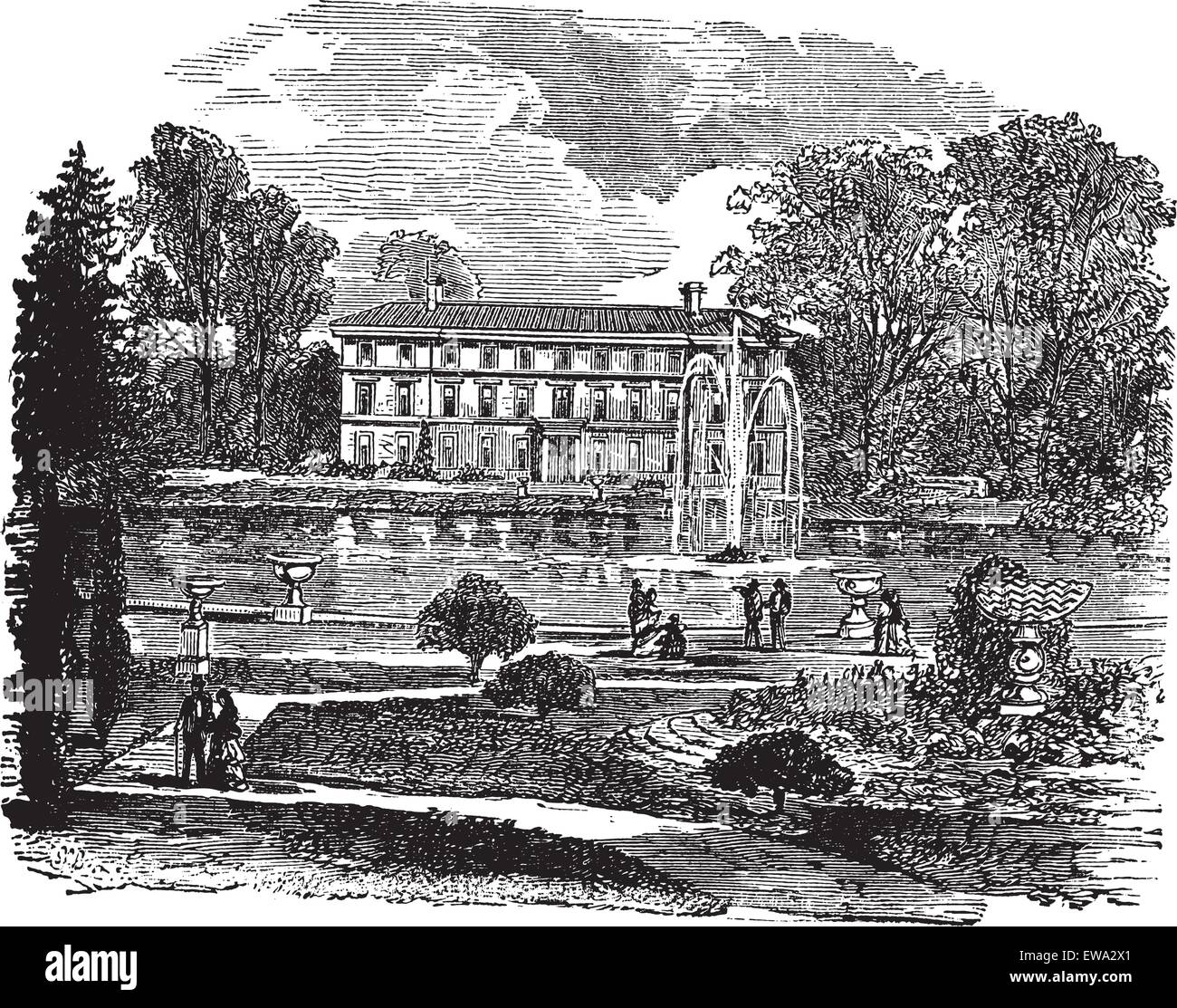 Die Königlichen Botanischen Garten und Museum Nr. 1 vintage Gravur. Alte eingravierte Darstellung der Royal Botanic Garden - Unesco-Historic Site. und einen Blick auf das Museum Nr. 1, 1800. Stock Vektor