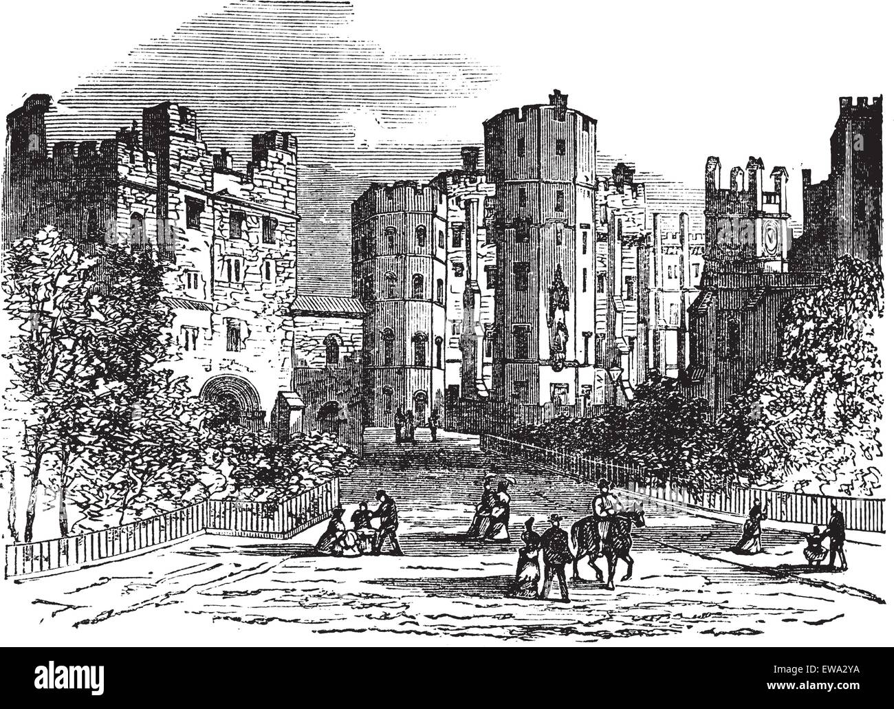 Lancaster Castle, Lancashire Vintage Gravur. Alten gravierte Darstellung der historischen Lancaster Castle. Stock Vektor