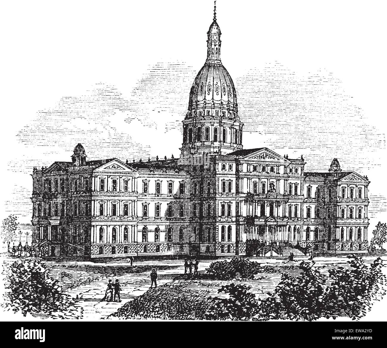 Michigan State Capitol Building. Lansing, Usa vintage Gravur. Alte eingravierten Abbildung: State Capitol von Michigan, Lansing, 1890 s Stock Vektor