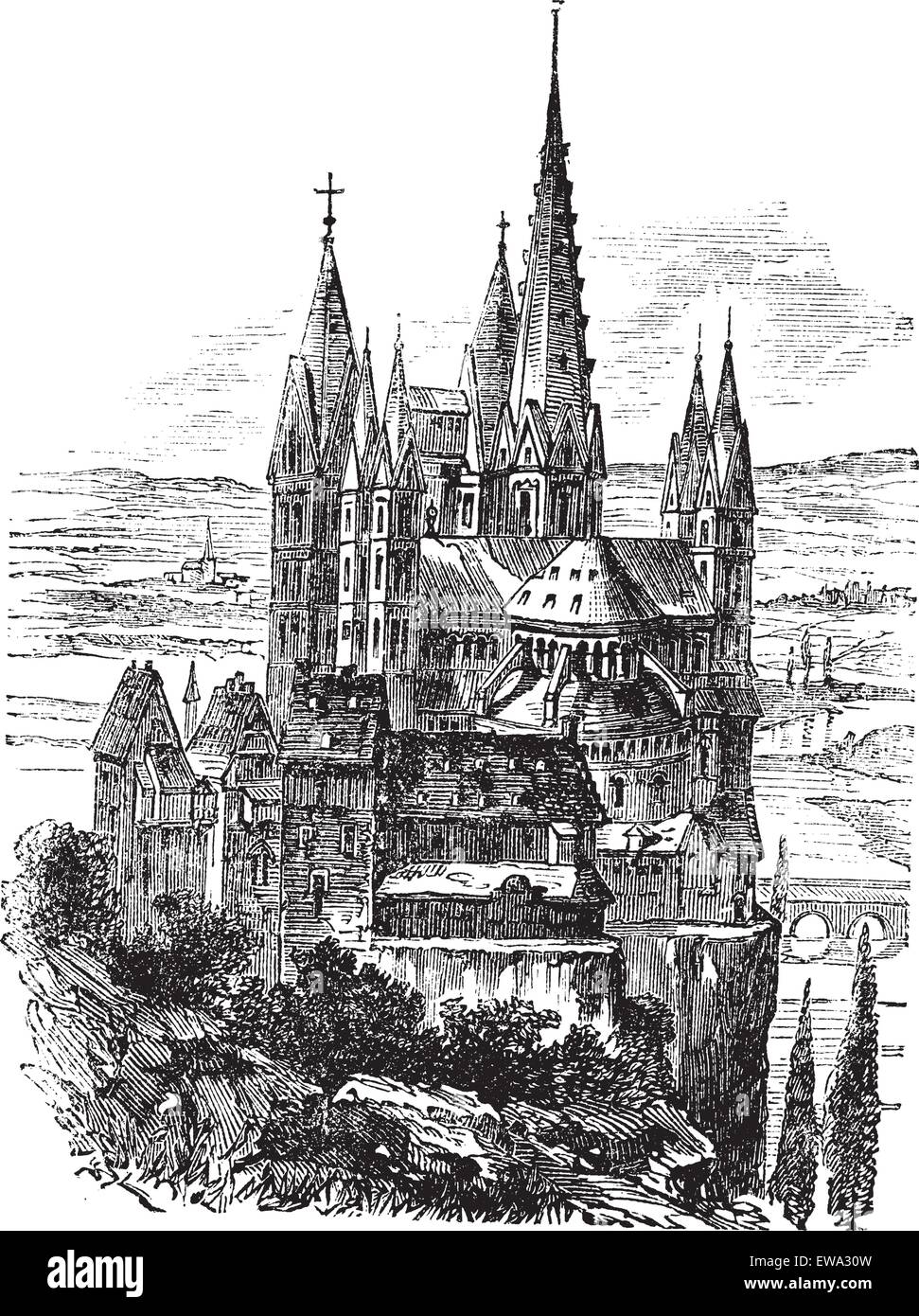 St.-Georgs-Kathedrale, graviert Limburg an der Lahn Vintage Illustration. Trousset Enzyklopädie (1886-1891). Stock Vektor