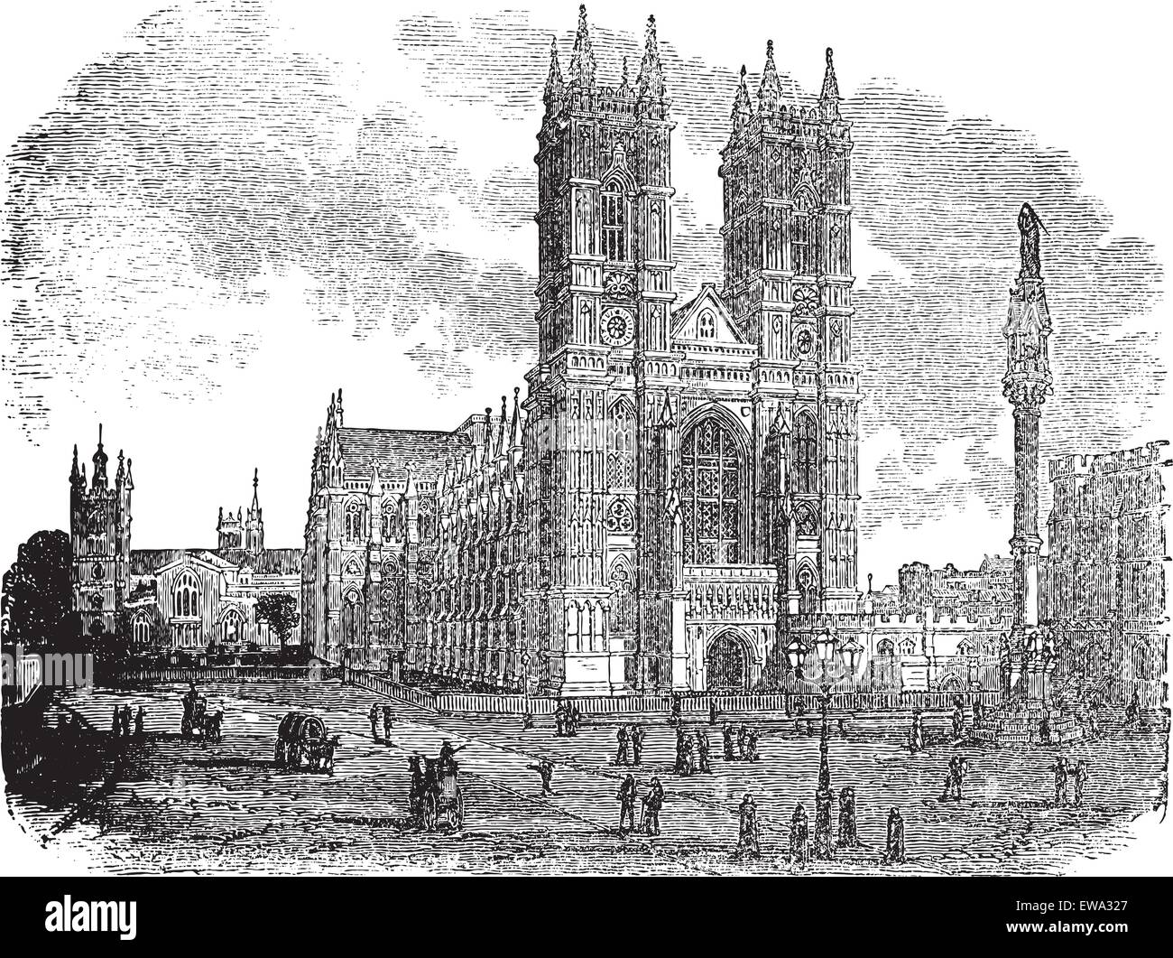 Westminster Abbey oder Stiftskirche St. Peter in London, England, in den 1890er Jahren, Vintage Gravur. Alten graviert Illustration der Westminster Abbey mit Menschen im Vordergrund. Stock Vektor