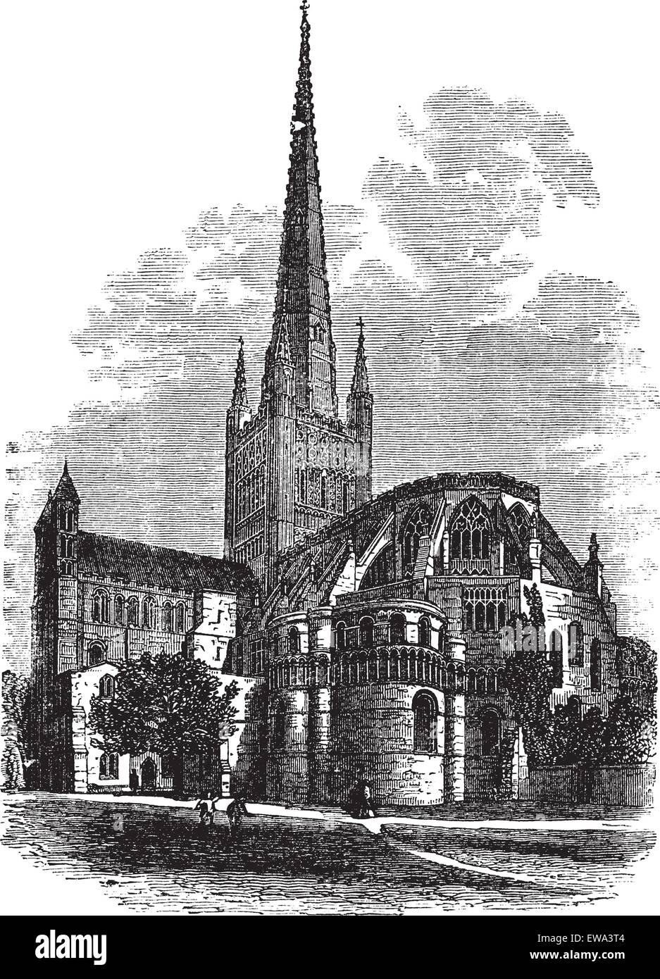 Norwich Cathedral in Norfolk, England, Vereinigtes Königreich, graviert Vintage Illustration. Trousset Enzyklopädie (1886-1891). Stock Vektor