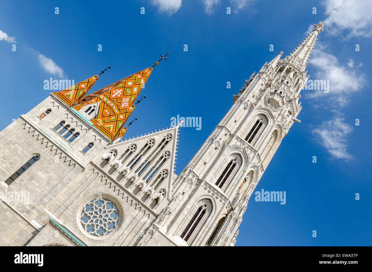 Seitlicher Blick auf die Westfassade des St Matthias Cathedral in Budapest, Ungarn Stockfoto