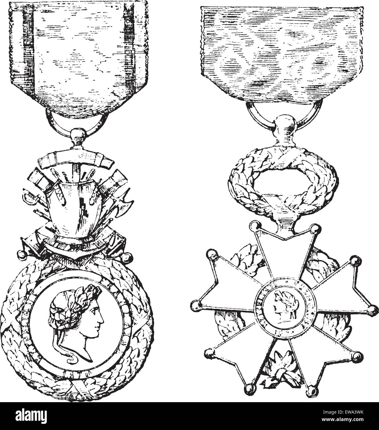 Militärische Medaille, Kreuz der Ehrenlegion, Vintage gravierten Abbildung. Trousset Enzyklopädie (1886-1891). Stock Vektor