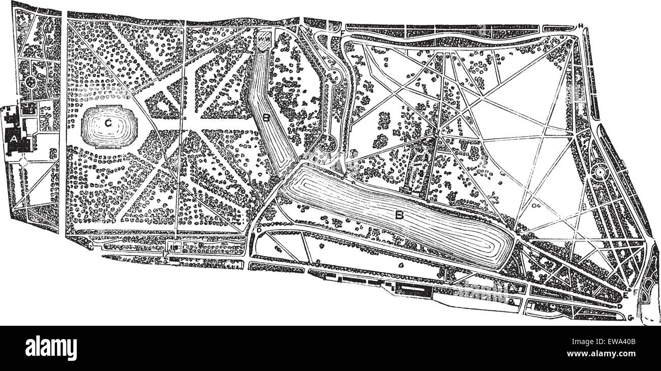 Hyde Park und Kensington Gardens, Umgebung, in den 1890er Jahren, Vintage Gravur. Alten gravierte Darstellung der Karte der Hyde Park und Kensington Gardens in London. Stock Vektor