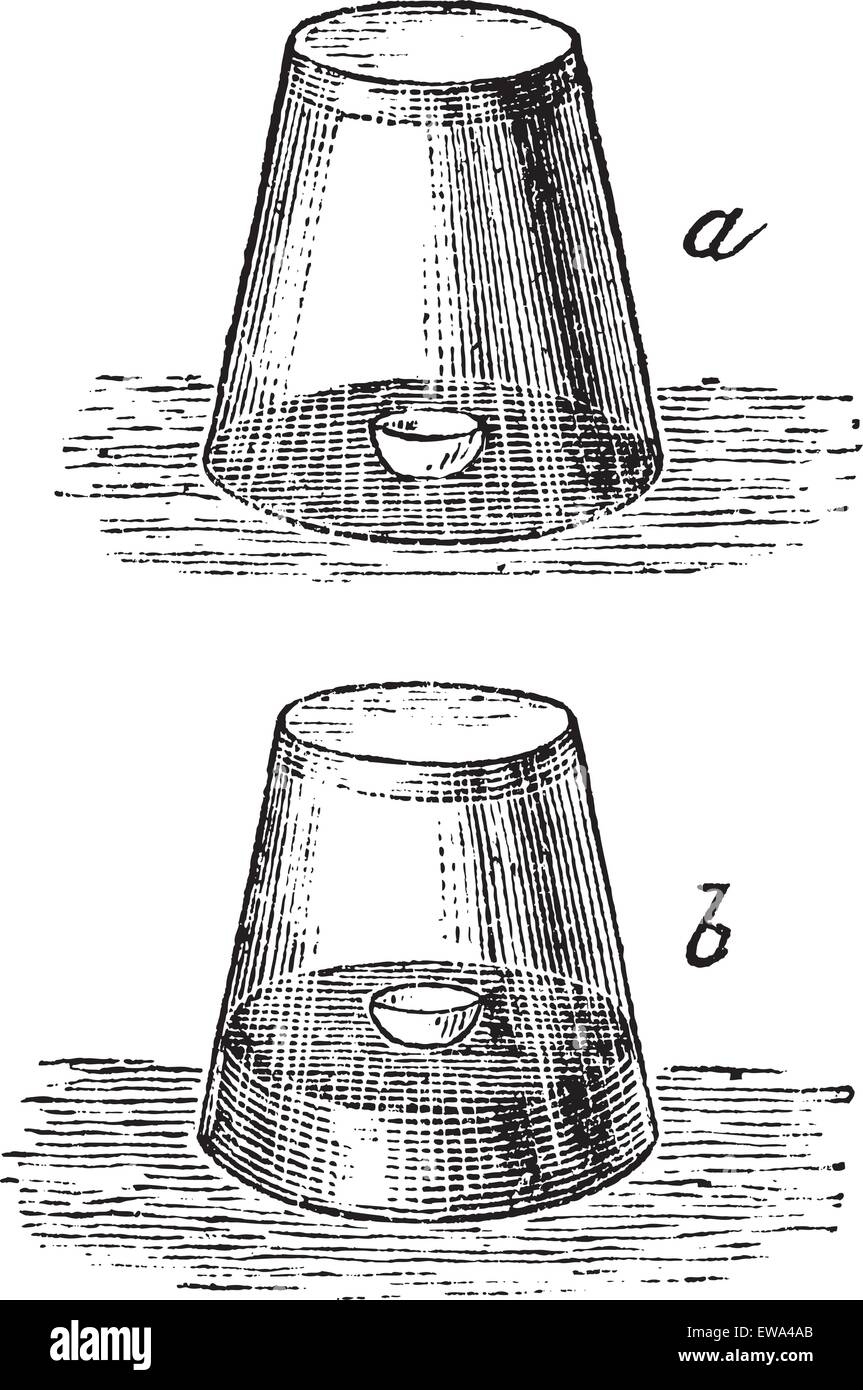 Verbrennung von Phosphor in der Luft. Glas, Wasser und Ei Shell prüfen, graviert Vintage Illustration. Trousset Enzyklopädie (1886-1891). Stock Vektor