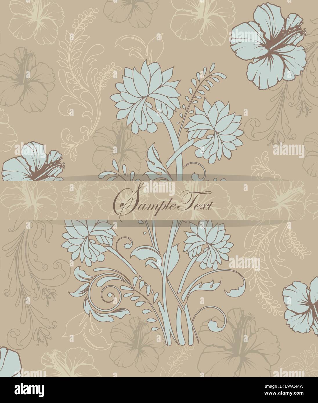Vintage Einladungskarte mit reich verzierten eleganten Retro-abstrakten floralen Design, gräulichen hellblauen Blüten und Blätter auf grau Stock Vektor