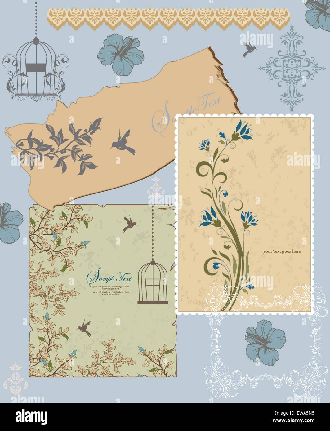 Vintage Einladungskarte mit reich verzierten eleganten Retro-abstrakten floralen Design, bläulich grau und hell braune Blüten und Blätter auf grau grün Beige und bläulich grauen Hintergrund mit Frame Grenzen Vögel und Beschriftung. Vektor-Illustration. Stock Vektor