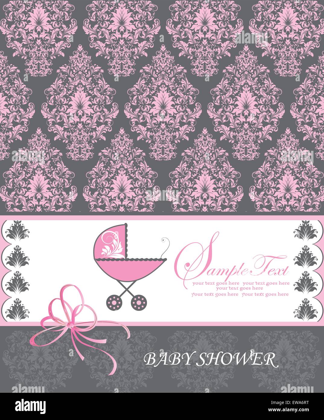 Vintage Baby-Dusche-Einladungskarte mit reich verzierten eleganten Retro-abstrakten floralen Design, rosa Blüten und Blätter auf dunkelgrau Stock Vektor