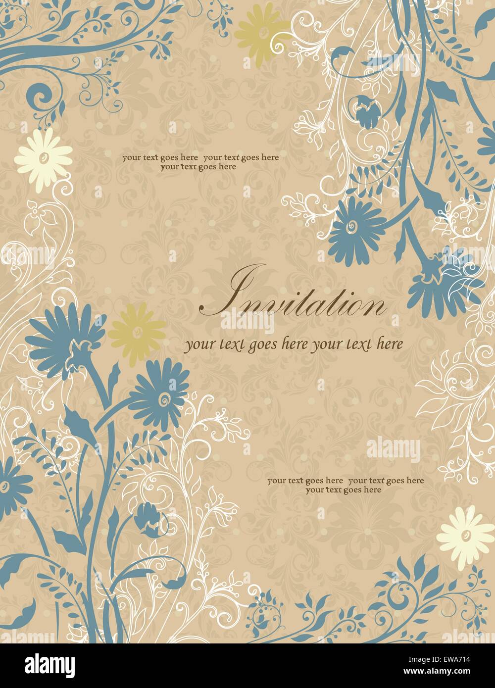 Vintage Einladungskarte mit reich verzierten eleganten Retro-abstrakten floralen Design, blass gelb dunkel gelb und grau blaue Blumen Stock Vektor