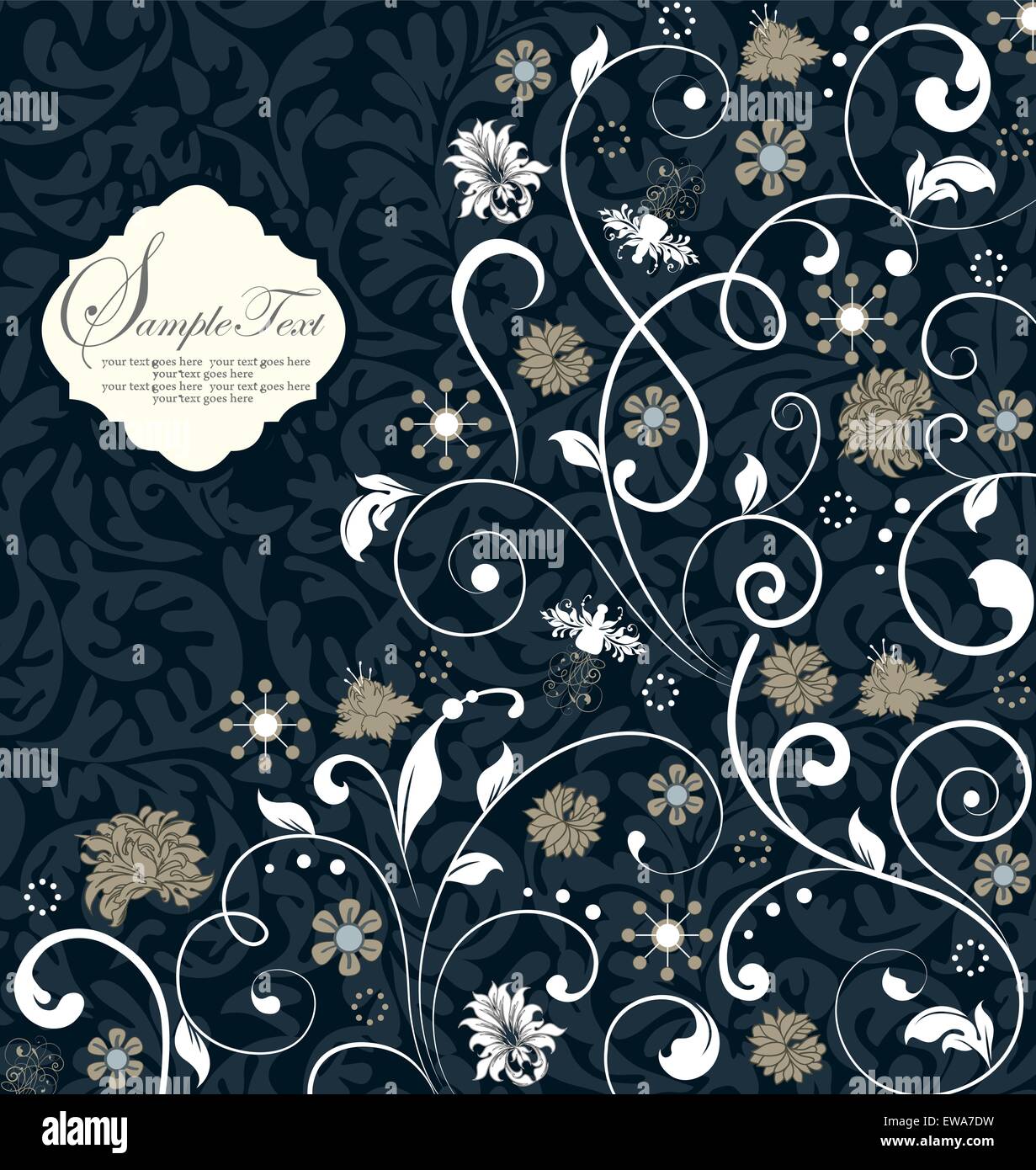 Vintage Einladungskarte mit reich verzierten eleganten Retro-abstrakten floralen Design, grau und weiß Blüten und Blätter auf Mitternacht Blau Stock Vektor