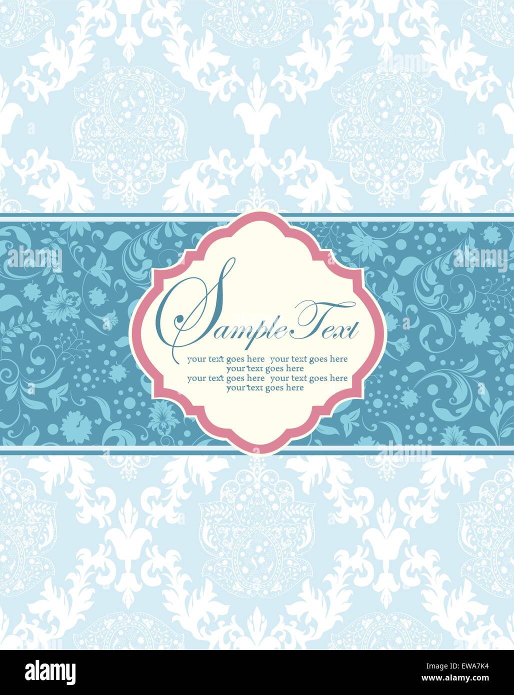 Vintage Einladungskarte mit reich verzierten eleganten Retro-abstrakten floralen Design, hellblauen Blüten und Blätter auf Luftwaffe blaues Band Aufkleber auf hellblauem Hintergrund bleich. Vektor-Illustration. Stock Vektor