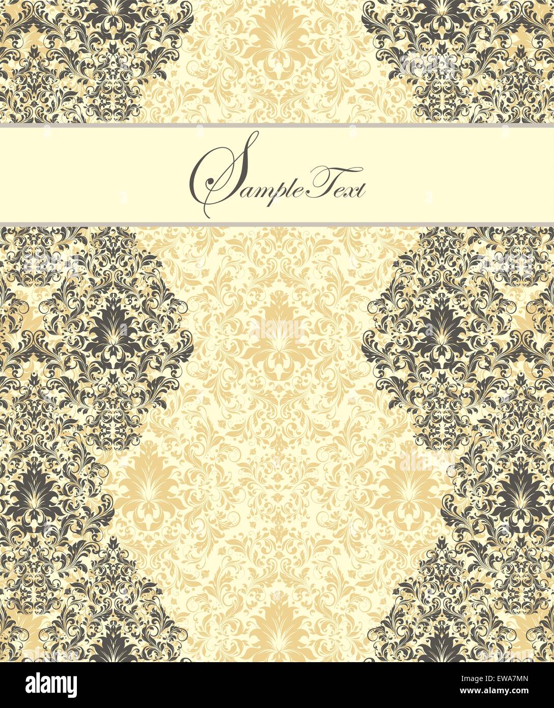 Vintage Einladungskarte mit reich verzierten eleganten Retro-abstrakten floralen Design, graue Blumen und Blätter auf gelb und weiß Stock Vektor
