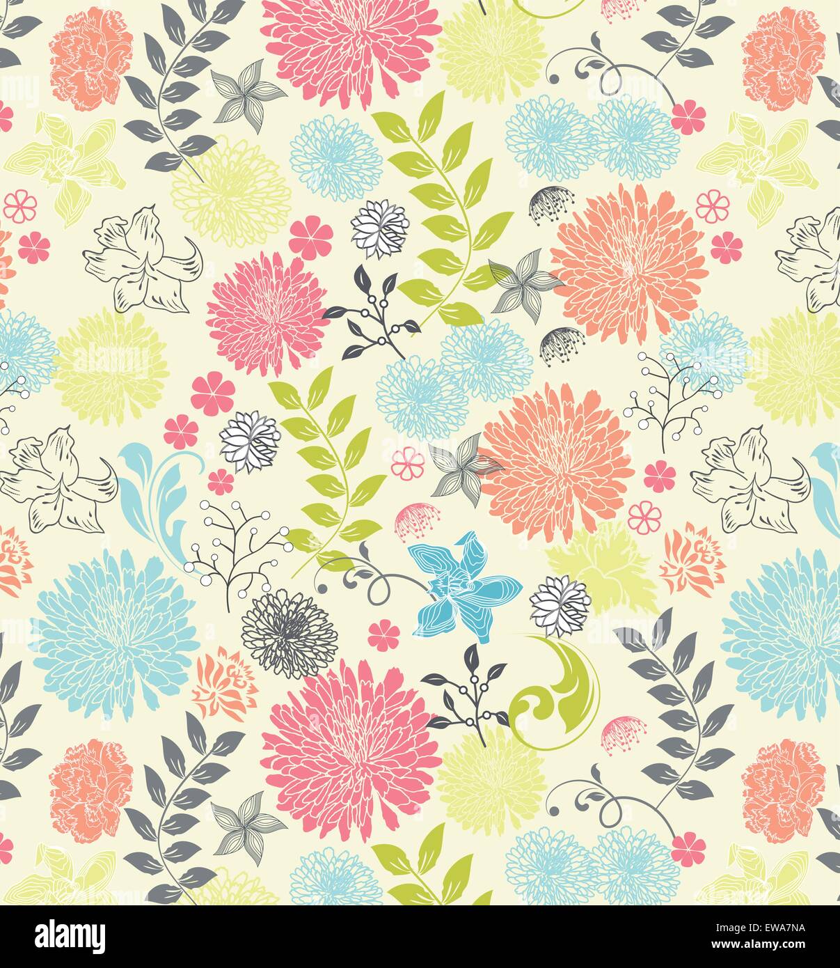 Vintage-Hintergrund mit reich verzierten eleganten Retro-abstrakten floralen Design, bunten Blumen und Blätter auf hellgelb. Vektor-Illustration. Stock Vektor