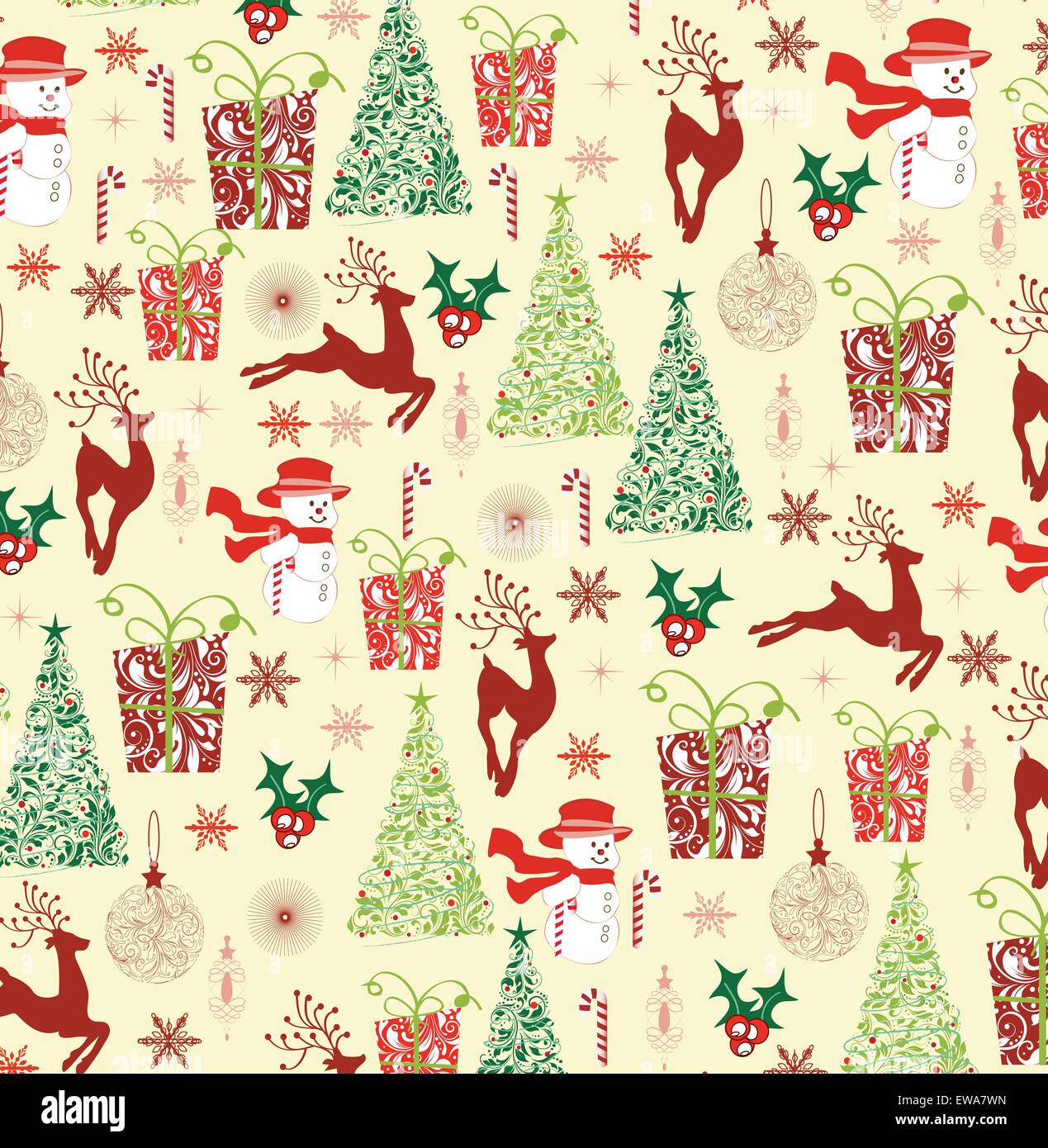 Vintage Weihnachten Hintergrund mit reich verzierten eleganten Retro-abstrakten floralen Design, Schneemann Schneeflocken Weihnachtsstern Rentier Kugeln Stock Vektor