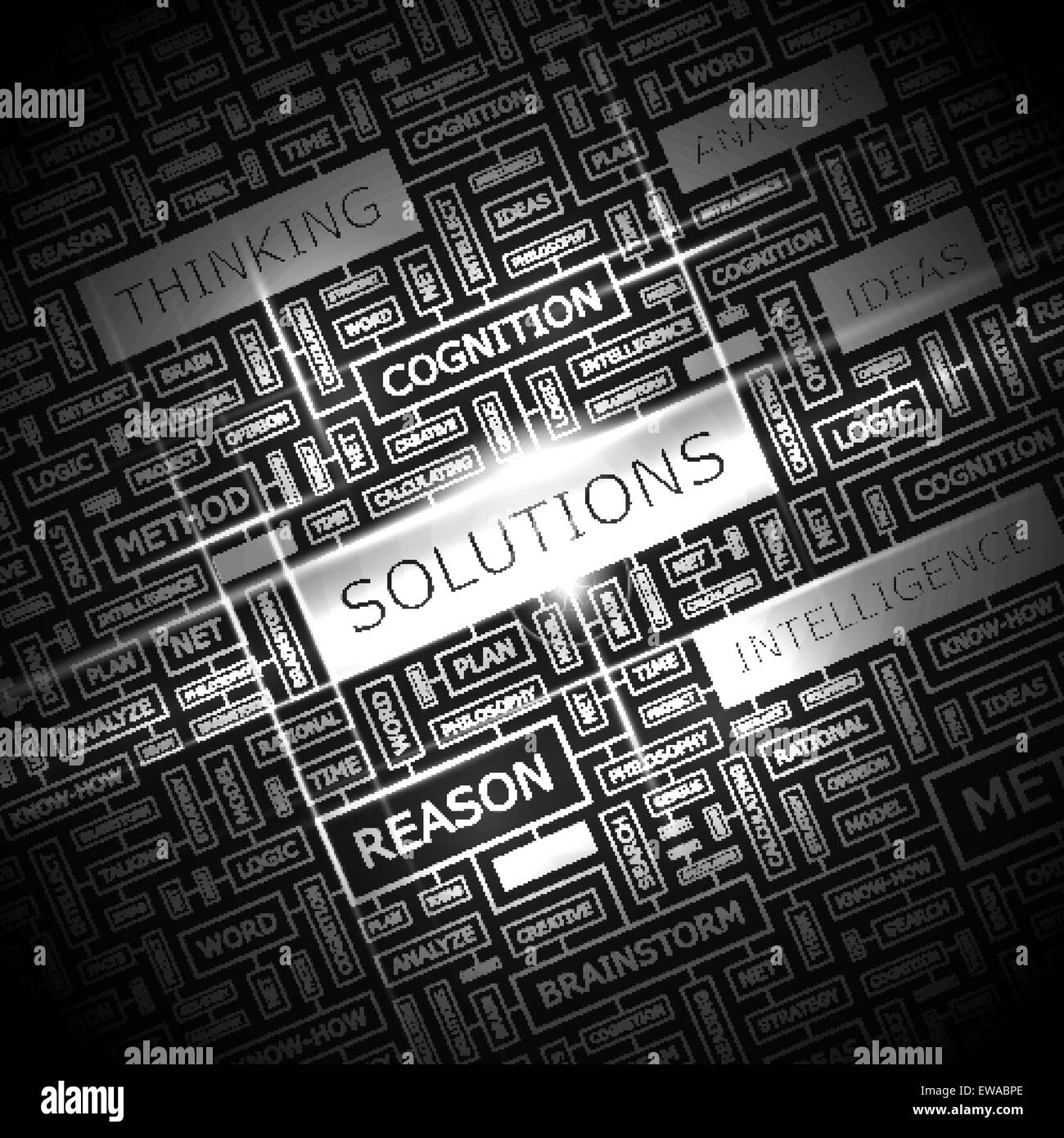 LÖSUNGEN. Wort-Wolke-Konzept-Darstellung. WordCloud Collage. Stock Vektor