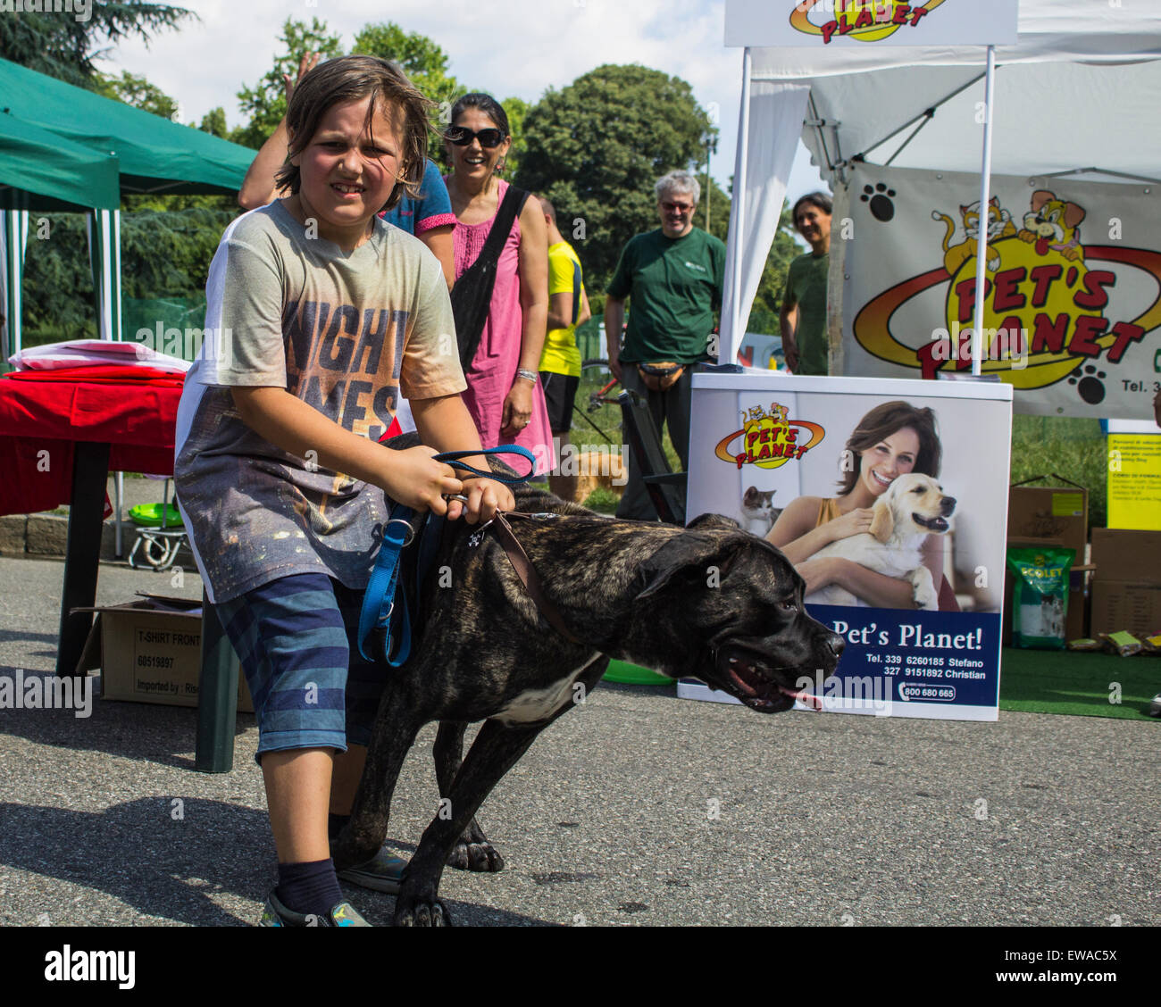 Kleiner Hundebesitzer mit seinem großen Hund Stockfoto