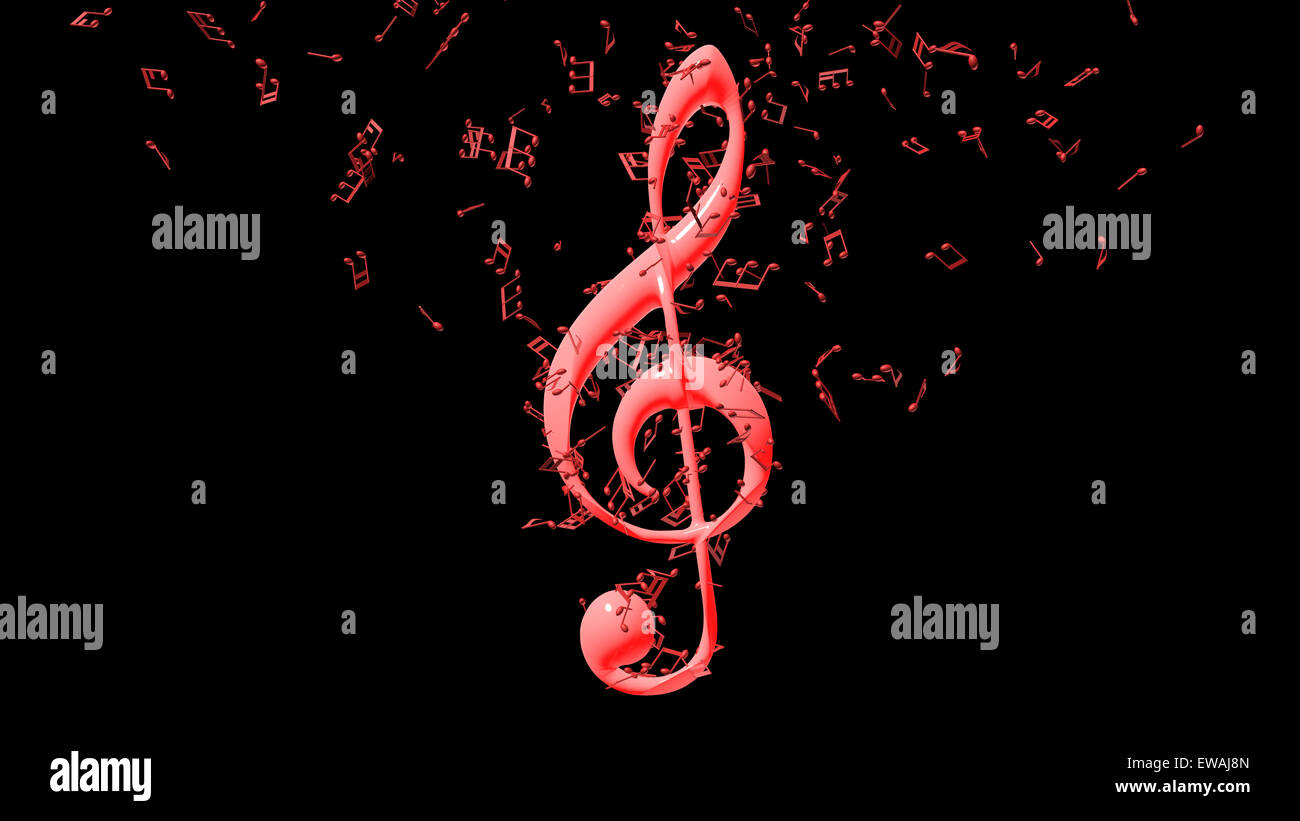 Violinschlüssel mit fliegenden Noten auf schwarzem Hintergrund isoliert Stockfoto