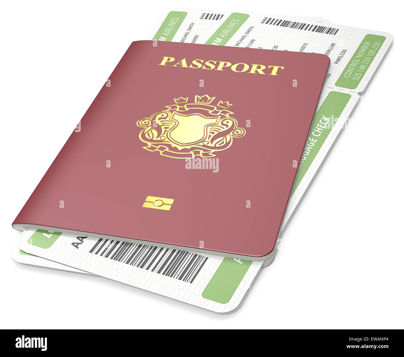 Dunkle rote Reisepass und grüne Boarding Pass. Non-Country goldenen Wappen. Stockfoto