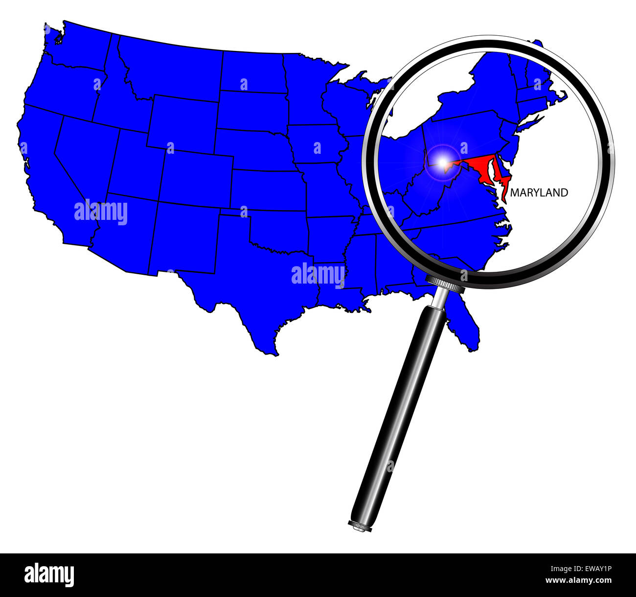 Umriss des Bundesstaates Maryland gesetzt in einer Karte der Vereinigten Staaten von Amerika unter der Lupe Stockfoto