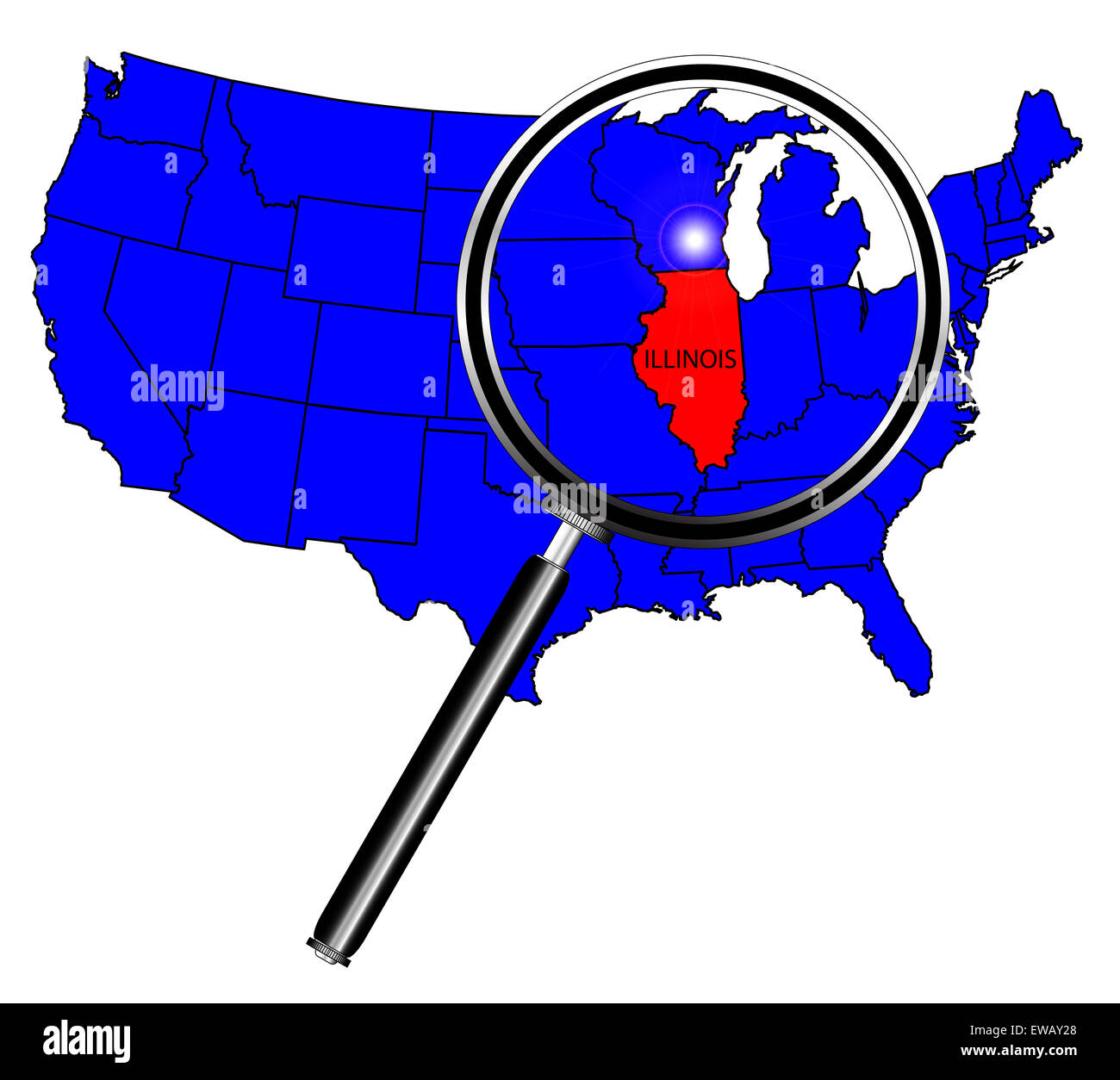 Umriss des Bundesstaates Illinois gesetzt in einer Karte der Vereinigten Staaten von Amerika unter der Lupe Stockfoto