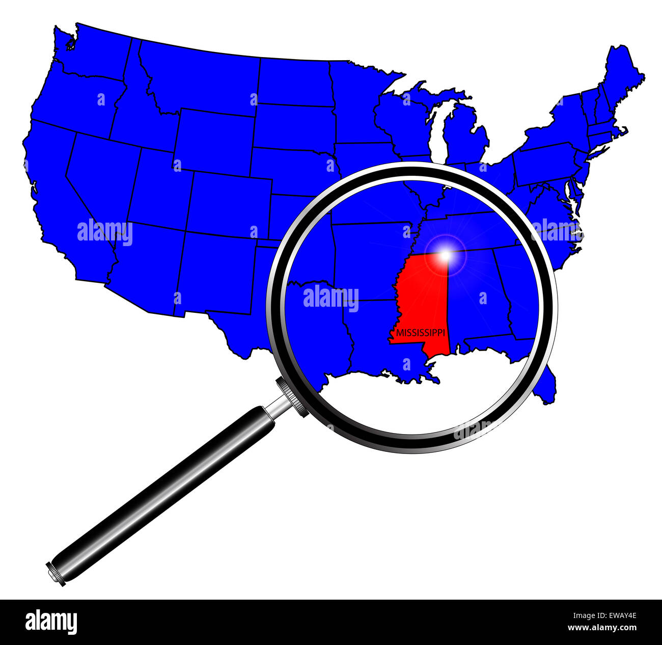 Umriss des Bundesstaates Mississippi gesetzt in einer Karte der Vereinigten Staaten von Amerika unter der Lupe Stockfoto