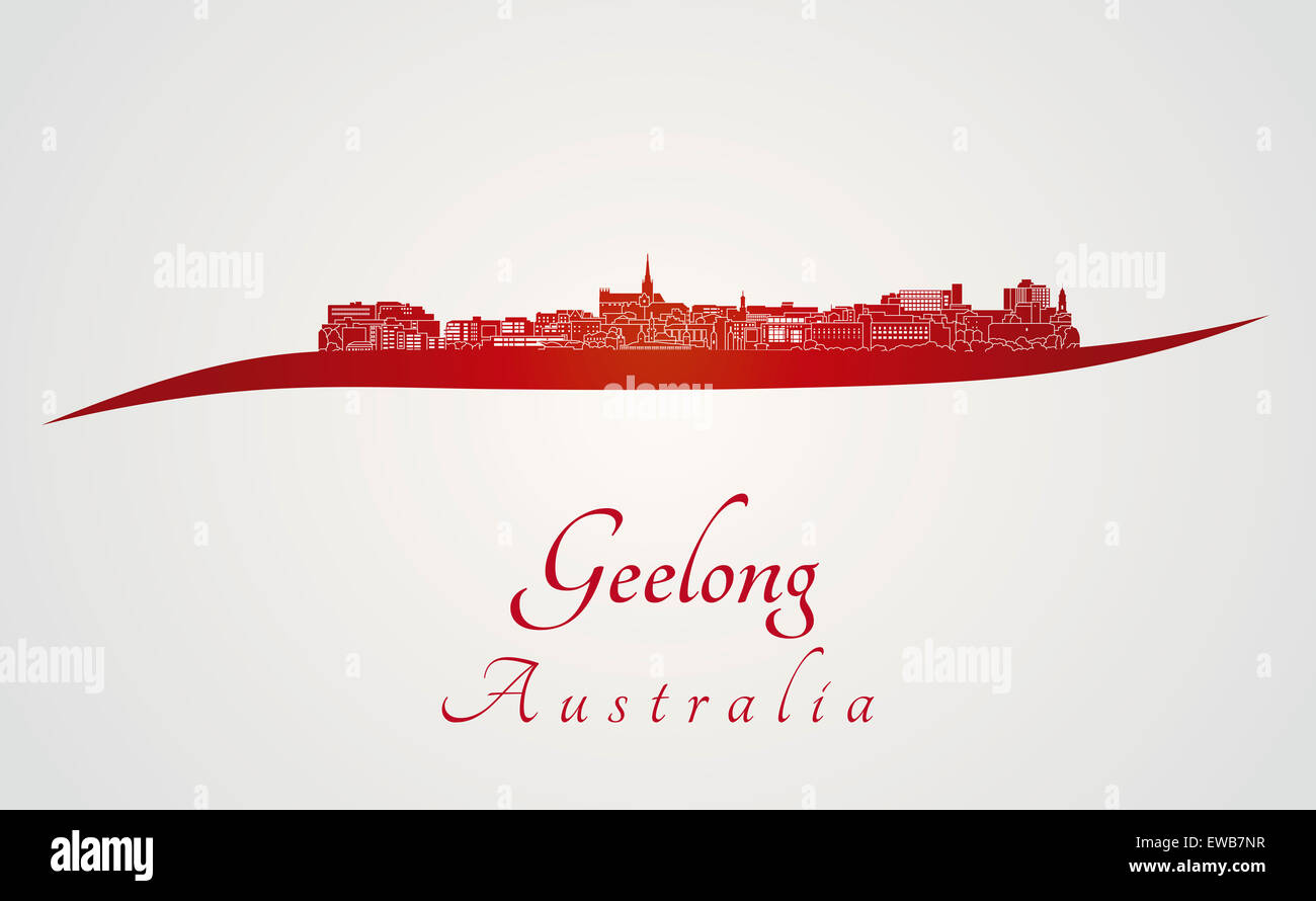 Geelong Skyline im roten und grauen Hintergrund in bearbeitbare Vektordatei Stockfoto