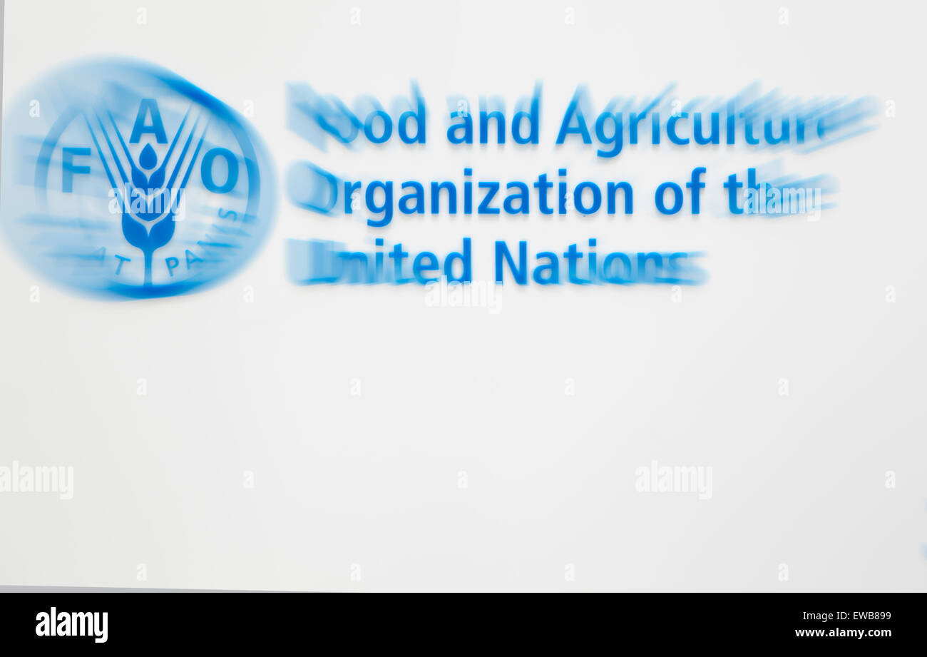 Ernährungs- und Landwirtschaftsorganisation der Vereinten Nationen-Logo mit einem "Zoom" Unschärfe-Effekt. Stockfoto