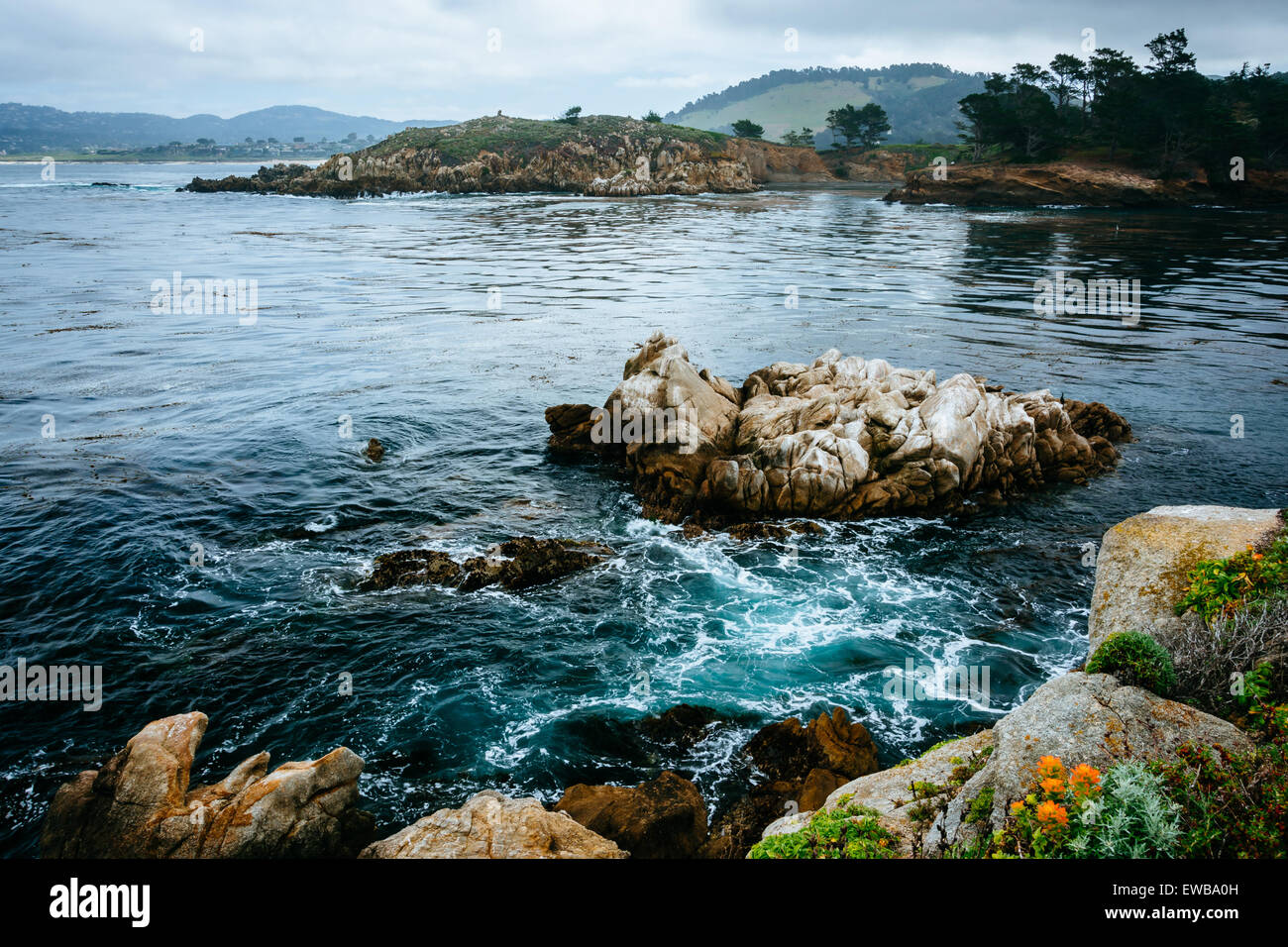 Blick auf Felsen und Wellen in den Pazifischen Ozean am Point Lobos State Natural Reserve, in Carmel, Kalifornien. Stockfoto