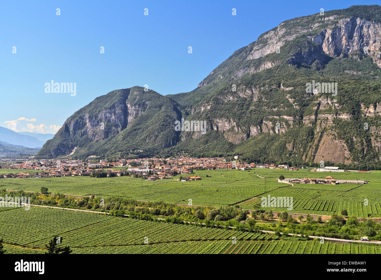 Überblick über Etschtal mit Mezzolombardo Dorf, Trentino, Italien Stockfoto