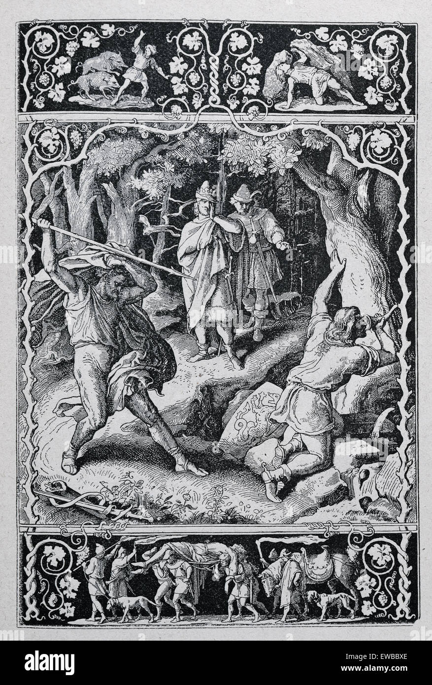 Nibelungenlied. 13. Jahrhundert. Anonymen deutschen Epos basierend auf die Legenden von Siegfried und das Volk der Nibelungen. Der erste Teil. Gesang XVI. Siegfried von Hagen bei der Jagd getötet. Kupferstich, 19. Jahrhundert. Stockfoto
