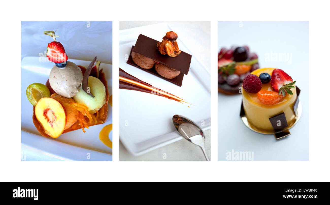 Collage aus verschiedenen französischen Desserts auf Platte Stockfoto