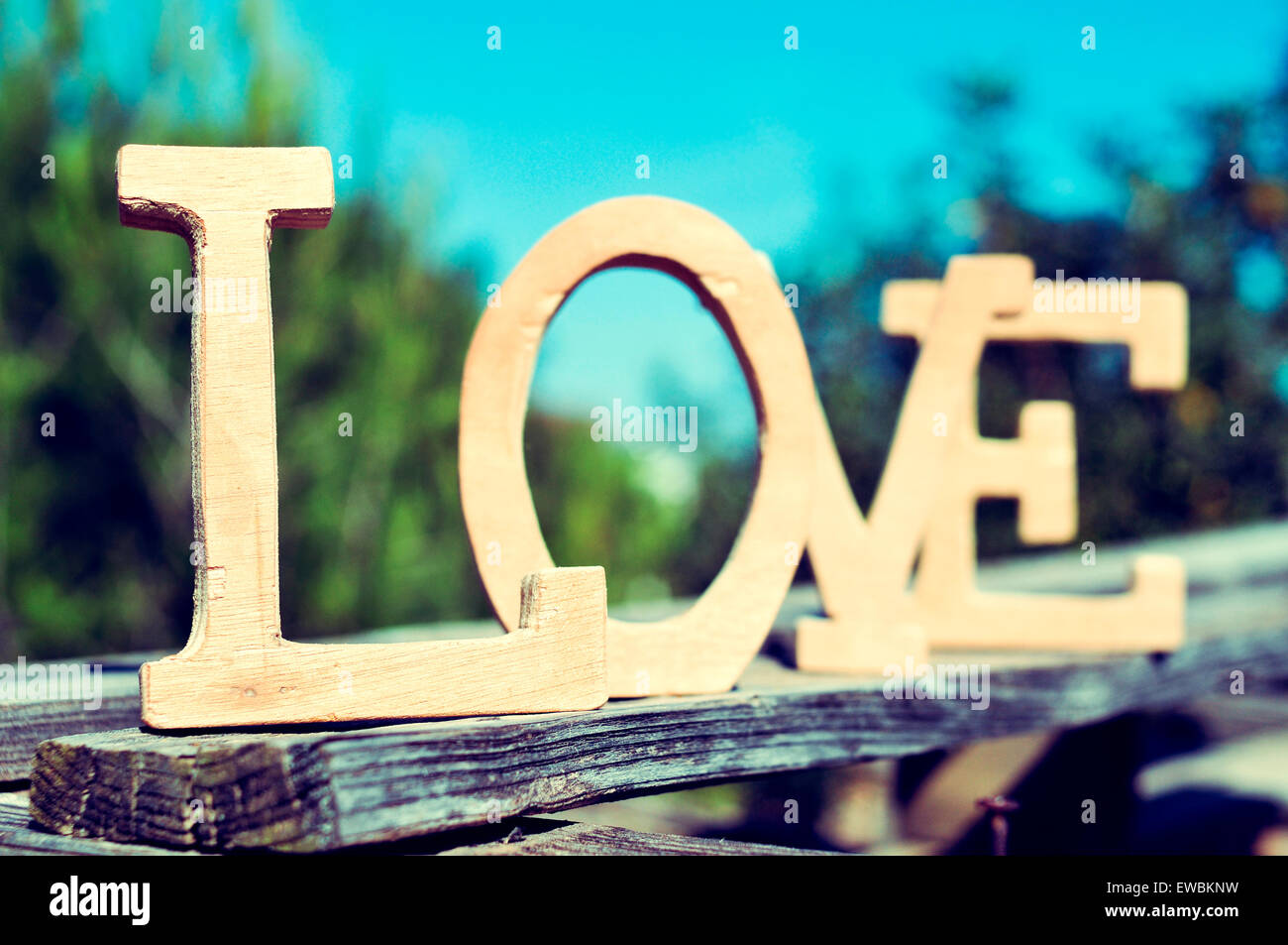 Nahaufnahme des hölzernen Buchstaben bilden das Wort Liebe auf eine alte hölzerne Latten in einer rustikalen Landschaft im freien Stockfoto