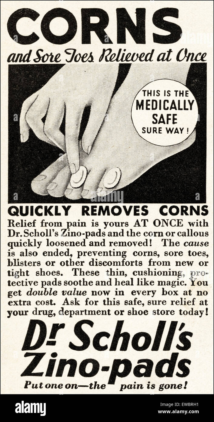 1930er Jahre Vintage American Magazin Anzeige vom November 1933 Werbung DR SCHOLL Zino-Pads Mais-Entferner Stockfoto