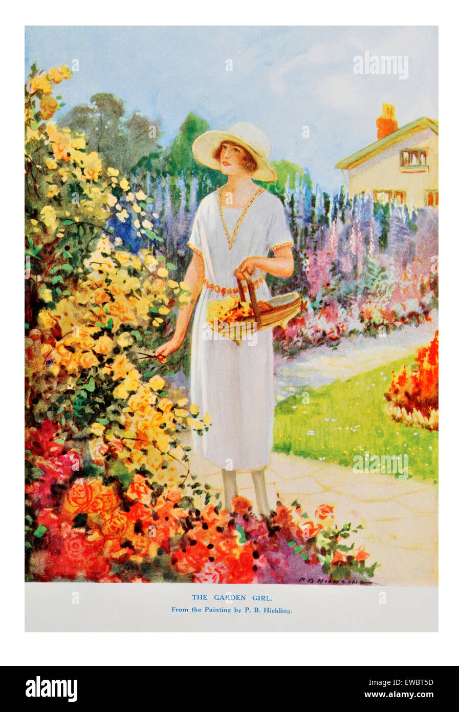 Portrait von 1930 der Frau in bunten Frühling Cottage Garden Stockfoto