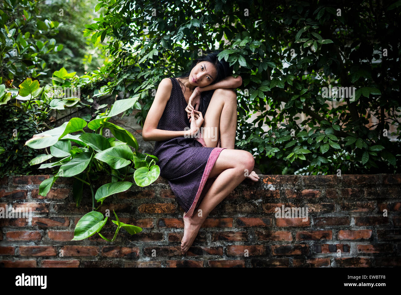 Ein Porträt einer jungen, ziemlich asiatische Frau in einem Garten in Hanoi, Vietnam. Stockfoto