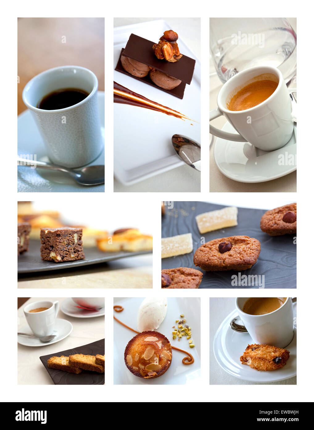 Collage aus Tassen Kaffee und Kuchen in einer Teestube Stockfoto