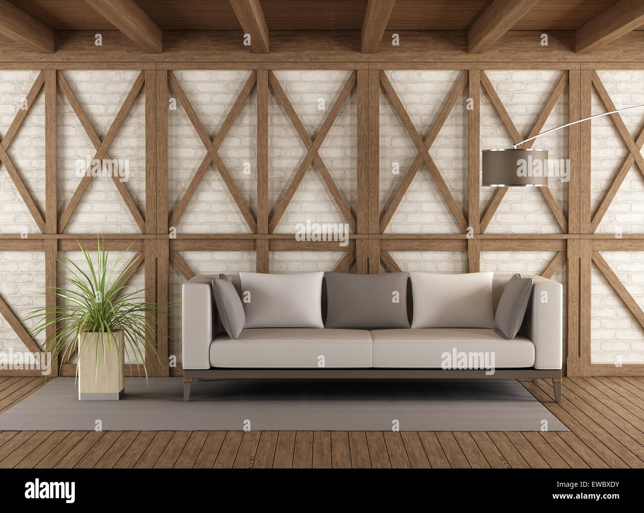 Moderne Couch in einem Vintage Zimmer mit Holzrahmen und weiße Mauer - 3D Rendering Stockfoto