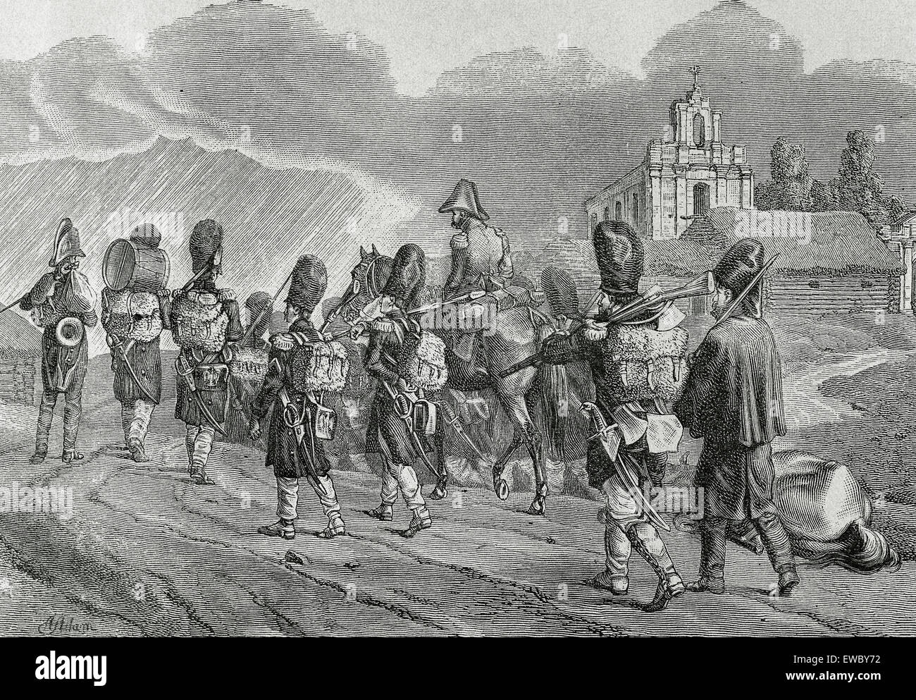 Granadiers der kaiserlichen Garde. Gruppe von Elite-Soldaten der französischen Armee unter dem direkten Befehl des Napelon I. Gravur. 1812. Stockfoto