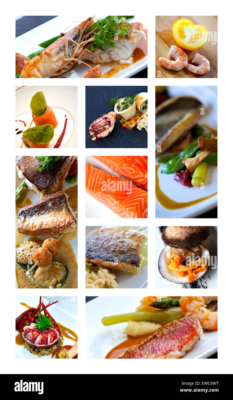 Collage aus verschiedenen Fischen und Meeresfrüchten Speisen Stockfoto