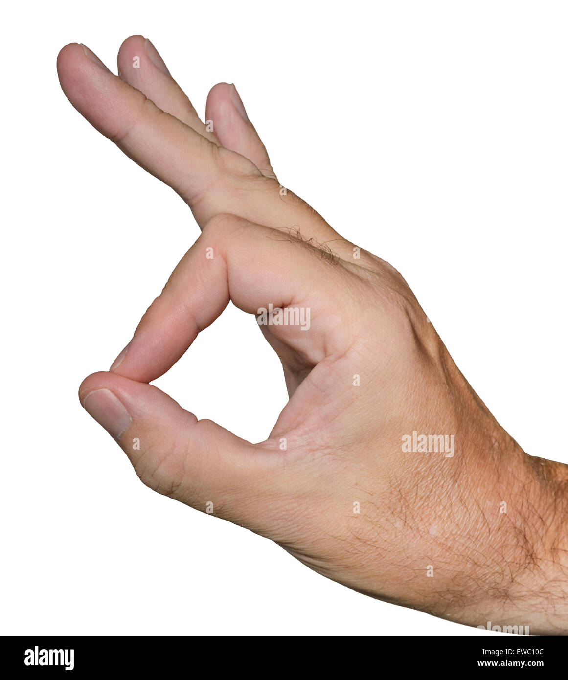 Weißer Mann tut einem OK Geste mit seiner Hand, auf einem weißen Hintergrund. Stockfoto