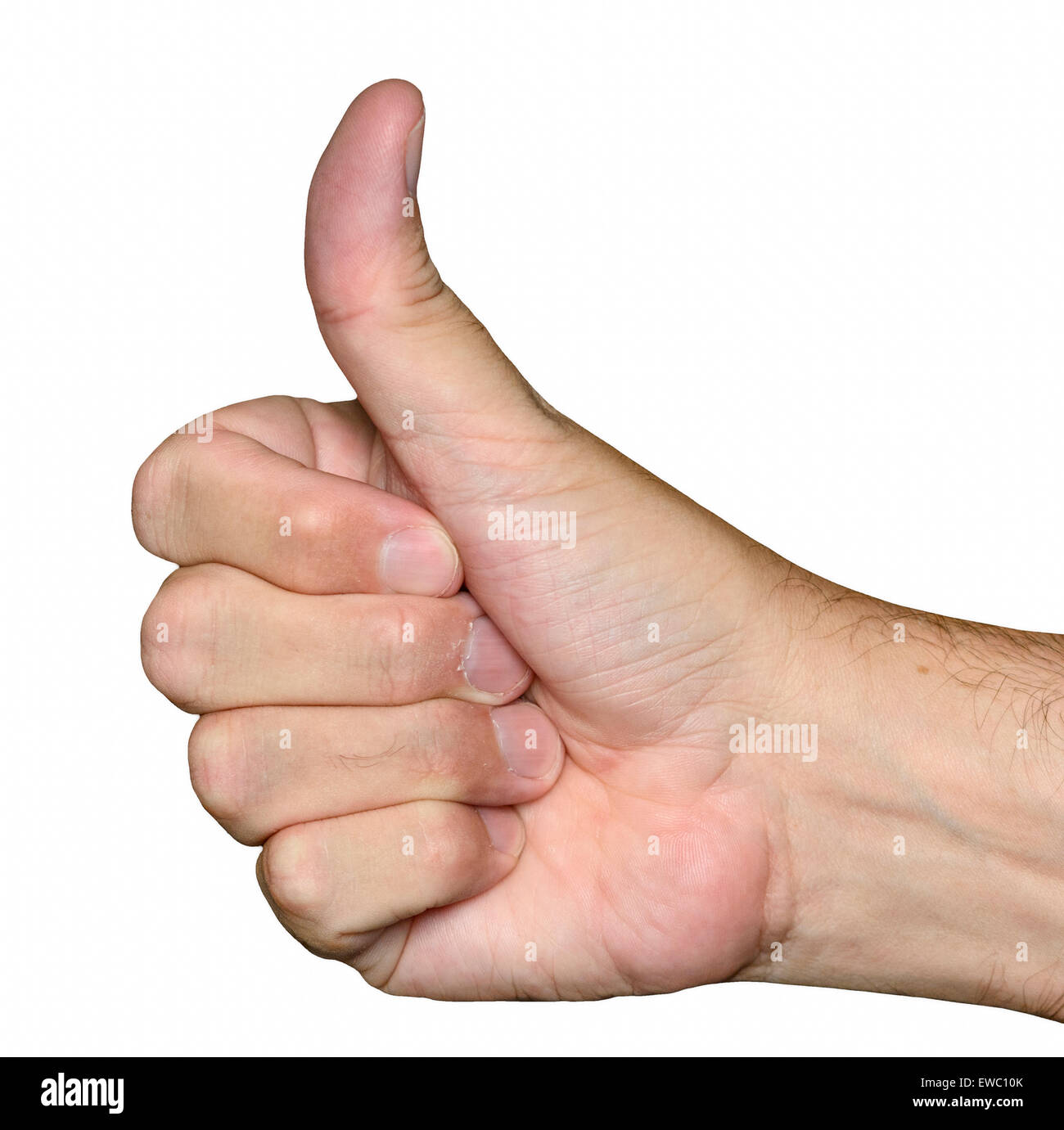 Der Daumen oben-Geste mit seiner Hand, auf einem weißen Hintergrund. Stockfoto