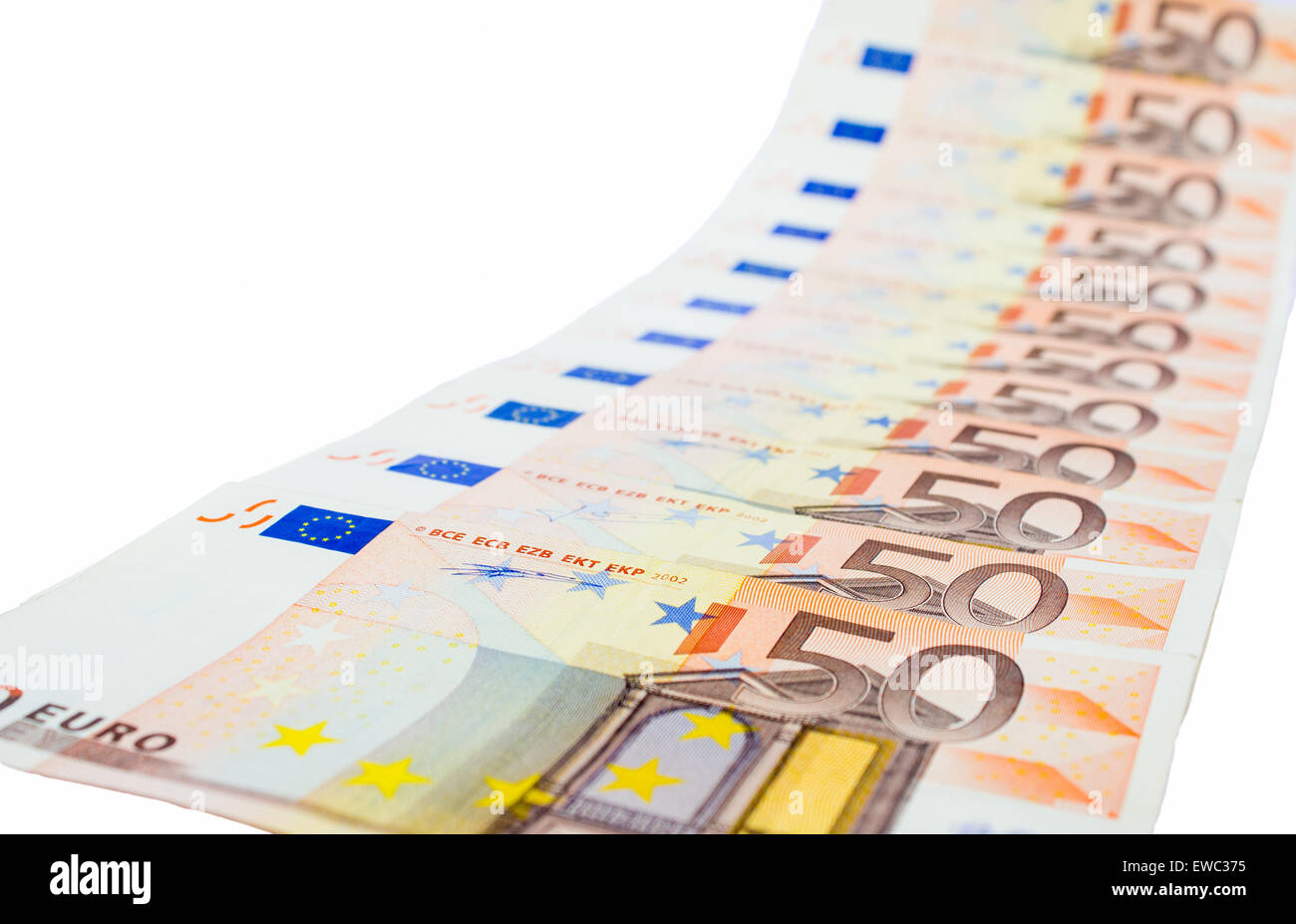 Diagonalen Reihe von fünfzig Euro-Banknoten Stockfoto