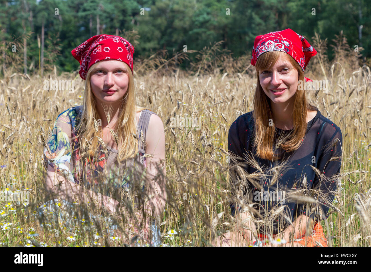 Zwei kaukasischen Teenager sitzen in Ackerland oder Mais-Feld Stockfoto