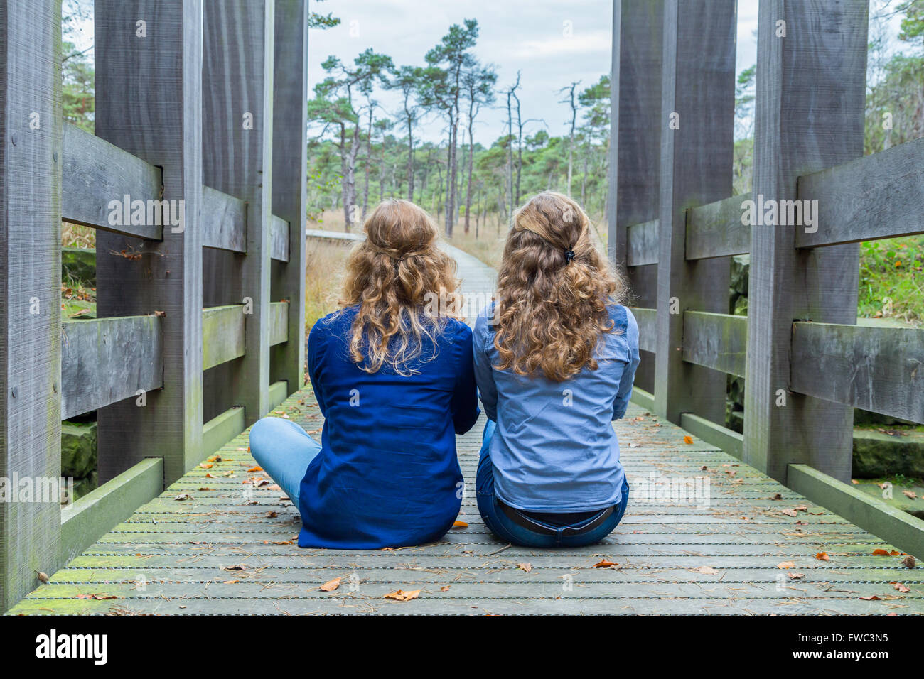 Zwei Schwestern sitzen auf hölzerne Brücke in der Natur betrachten des Waldes Stockfoto