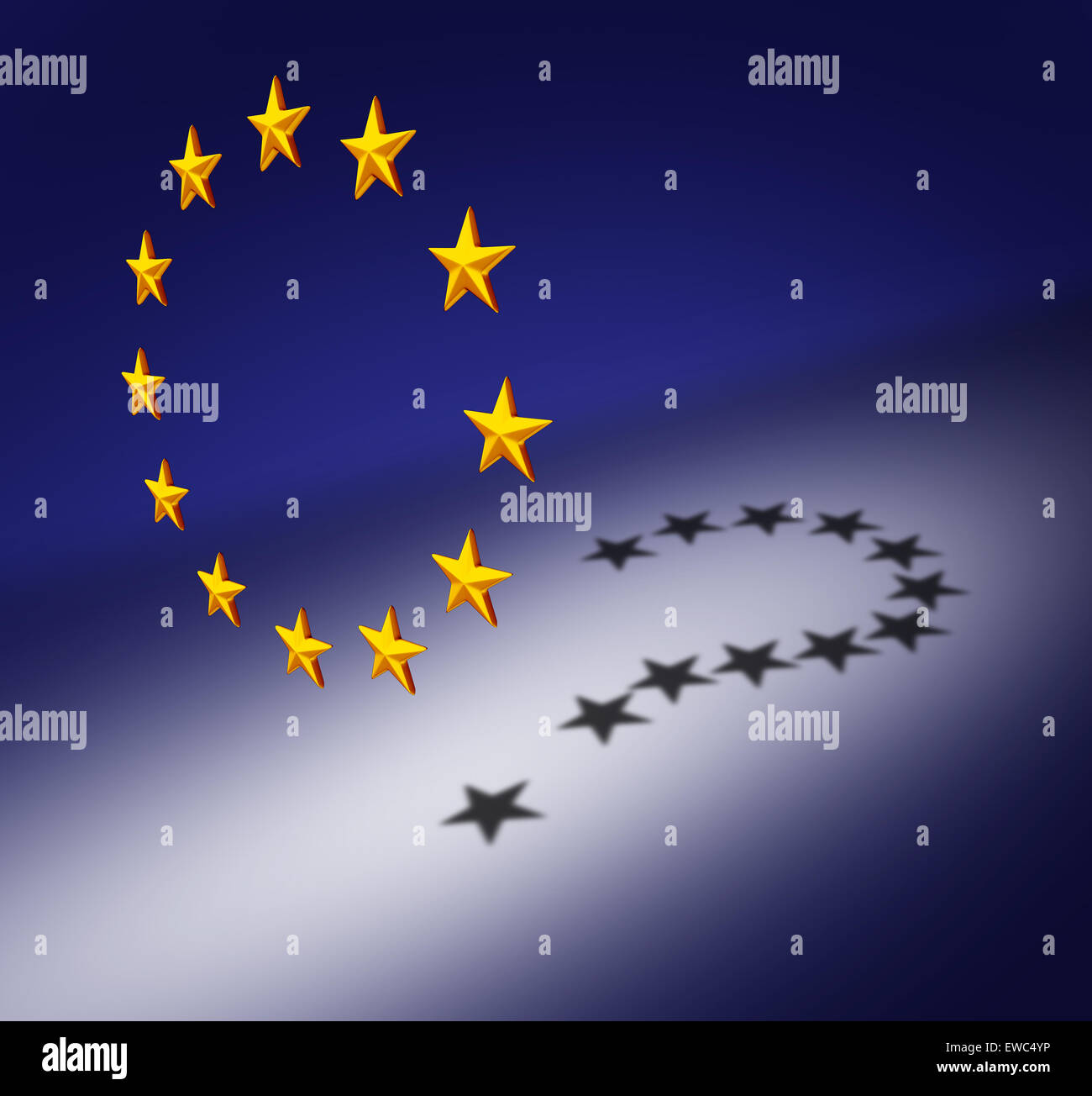Europa-Fragen oder Eurozone Krisenkonzept als eine Gruppe von drei dimensionale Sternen einen Schlagschatten ein Fragezeichen als Symbol für Euro Entscheidung Unsicherheit über Finanzschulden und soziale Fragen zu schaffen. Stockfoto