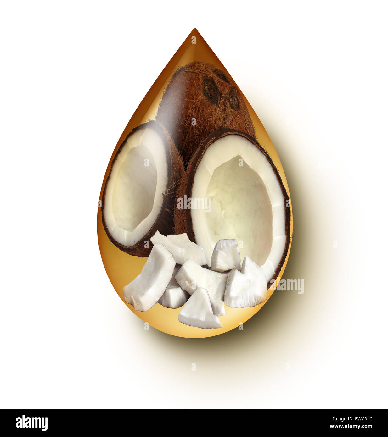 Kokosöl Flüssigkeitstropfens Konzept auf einem weißen Hintergrund als Wellness-Symbol und Ikone der gesunde Ernährung und eine gesunde Ernährung aus natürlichen Inhaltsstoffen, die Heil- und Nährwert medizinische Qualitäten haben. Stockfoto