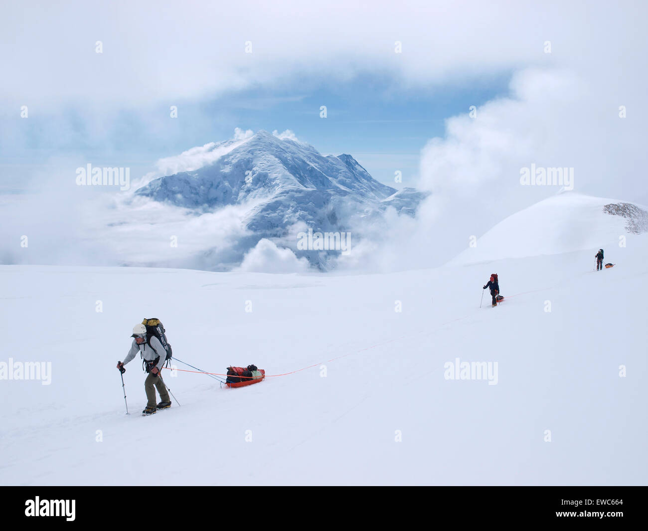 Ein Team von Bergsteiger sind beim Überqueren des oberen Kahiltna Gletschers auf dem Weg zur 14,000 Füße Lager am Mount angeseilt Stockfoto